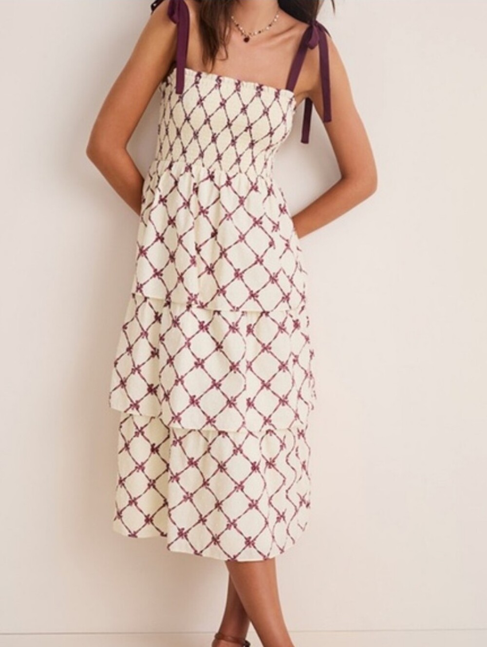 NWOT Francesca's Angie Bow-Print Smocked Tiered Midi Dress Burgundy and Cream L